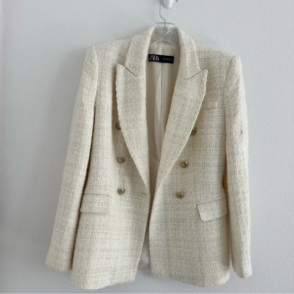 Zara Cream Tweed Double-Breasted Blazer Blogger Favorite Size: S - Picture 4 of 16